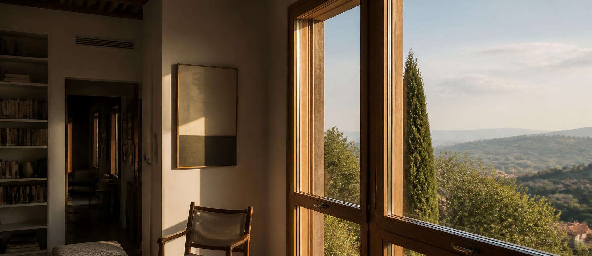 Soggiorno con grande finestra in legno affacciata su una collina, luce radente del tardo pomeriggio